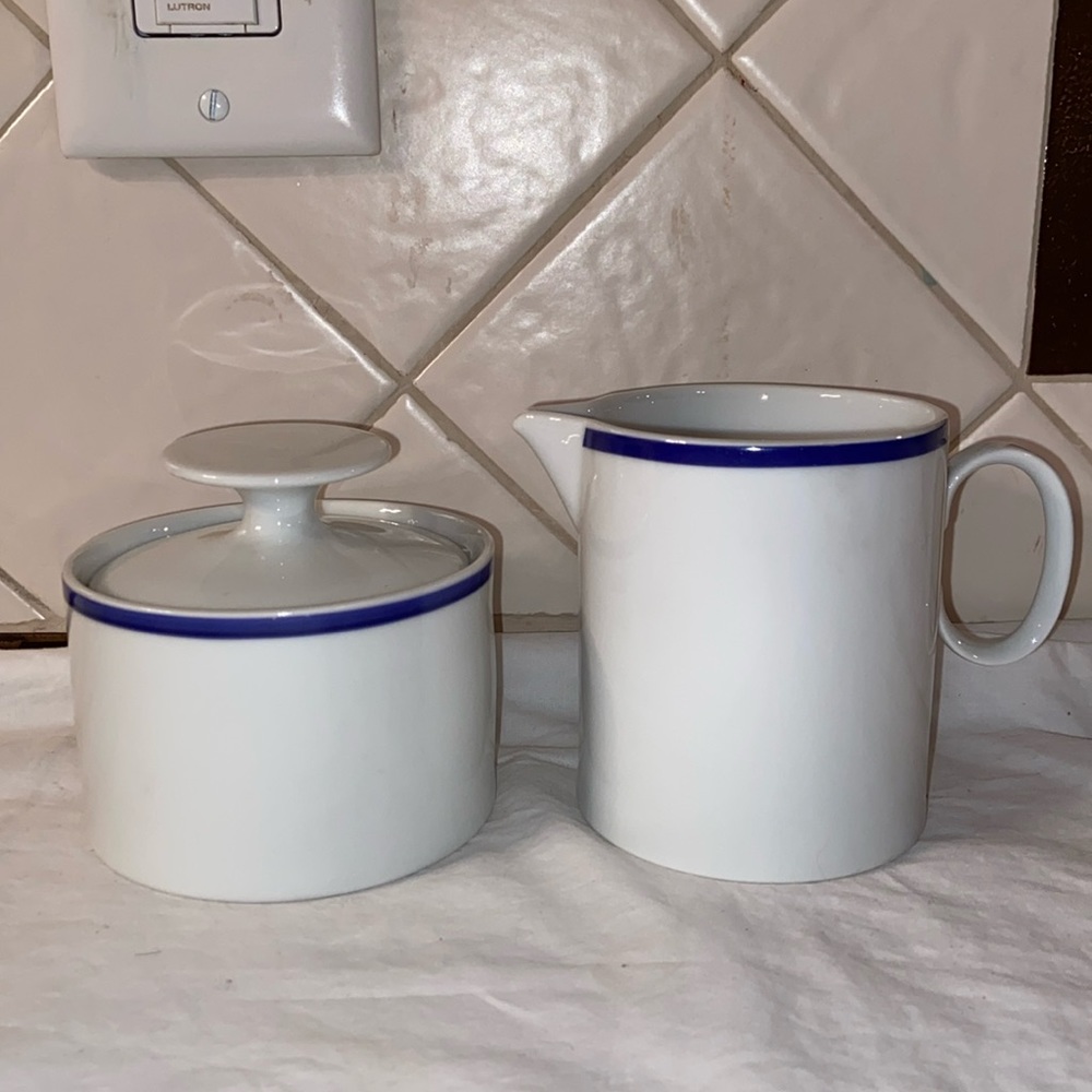 RARE vintage Thomas sugar bowl with lid and creamer blue banded Germany